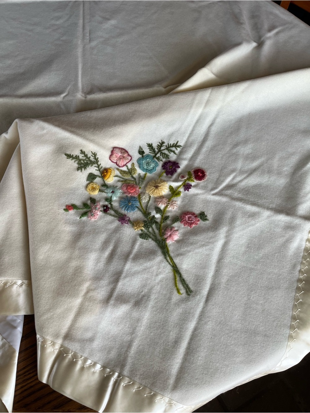 Vintage  Embroidered Floral Blanket Throw- Cream with Pastel Bouquet Silk Edging